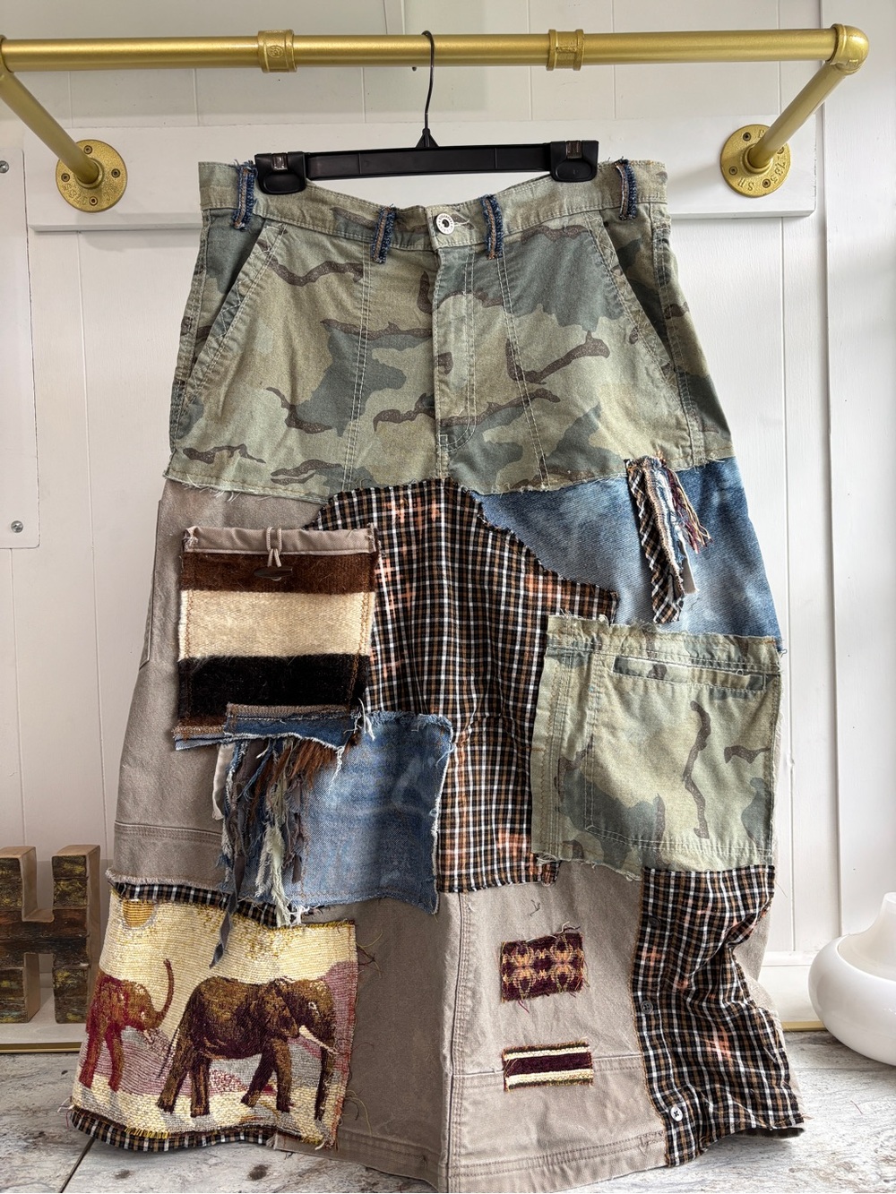 Reconstructed Grunge Utility Skirt Elephants Bleached Boho Camo Denim Large